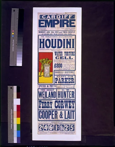 [The world-famous self-liberator Houdini will escape from the water torture cell, Cardiff, Wales]