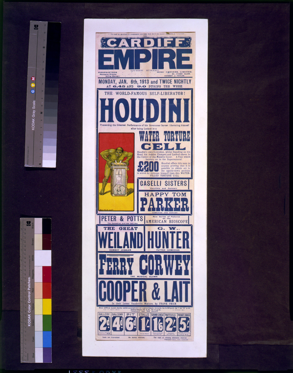 [The world-famous self-liberator Houdini will escape from the water torture cell, Cardiff, Wales], 1913 — vintage poster