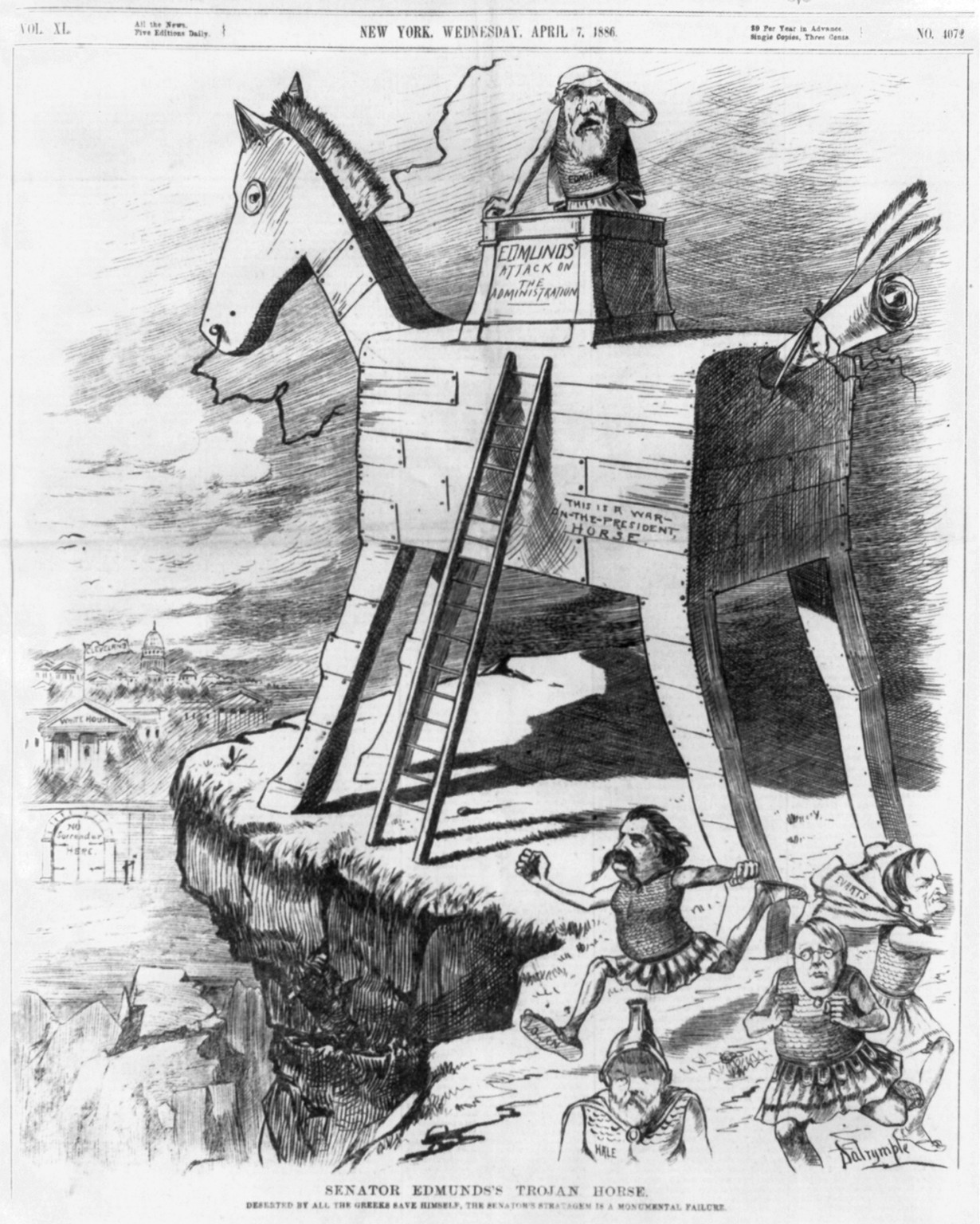 Senator Edmunds' trojan horse. Deserted by all the Greeks save himself, the Senator's stratagem is a monumental failure, 1886 — antique engraving