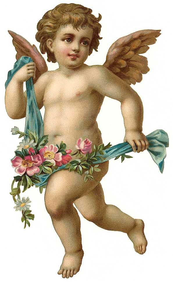 Cherub with pink roses and blue ribbon — historic image