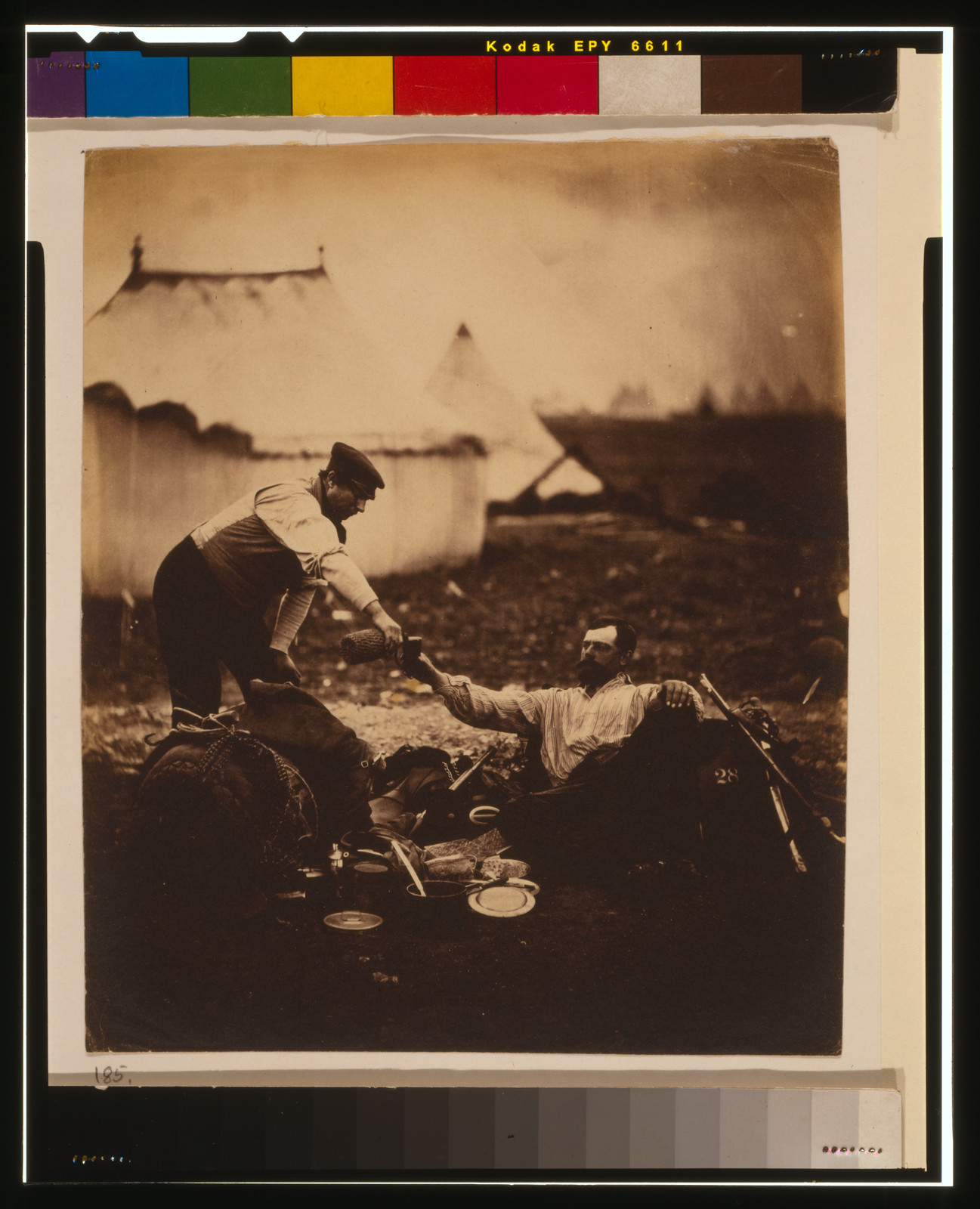 His day's work over" Lieut.-Colonel Hallewell and servantLieut. Coll. Hallewell his days work over", [1855] — historic photograph