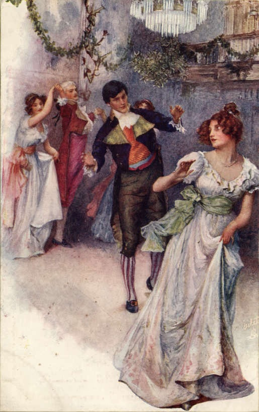 Couples dancing at an elegant ball, painted illustration — historic image