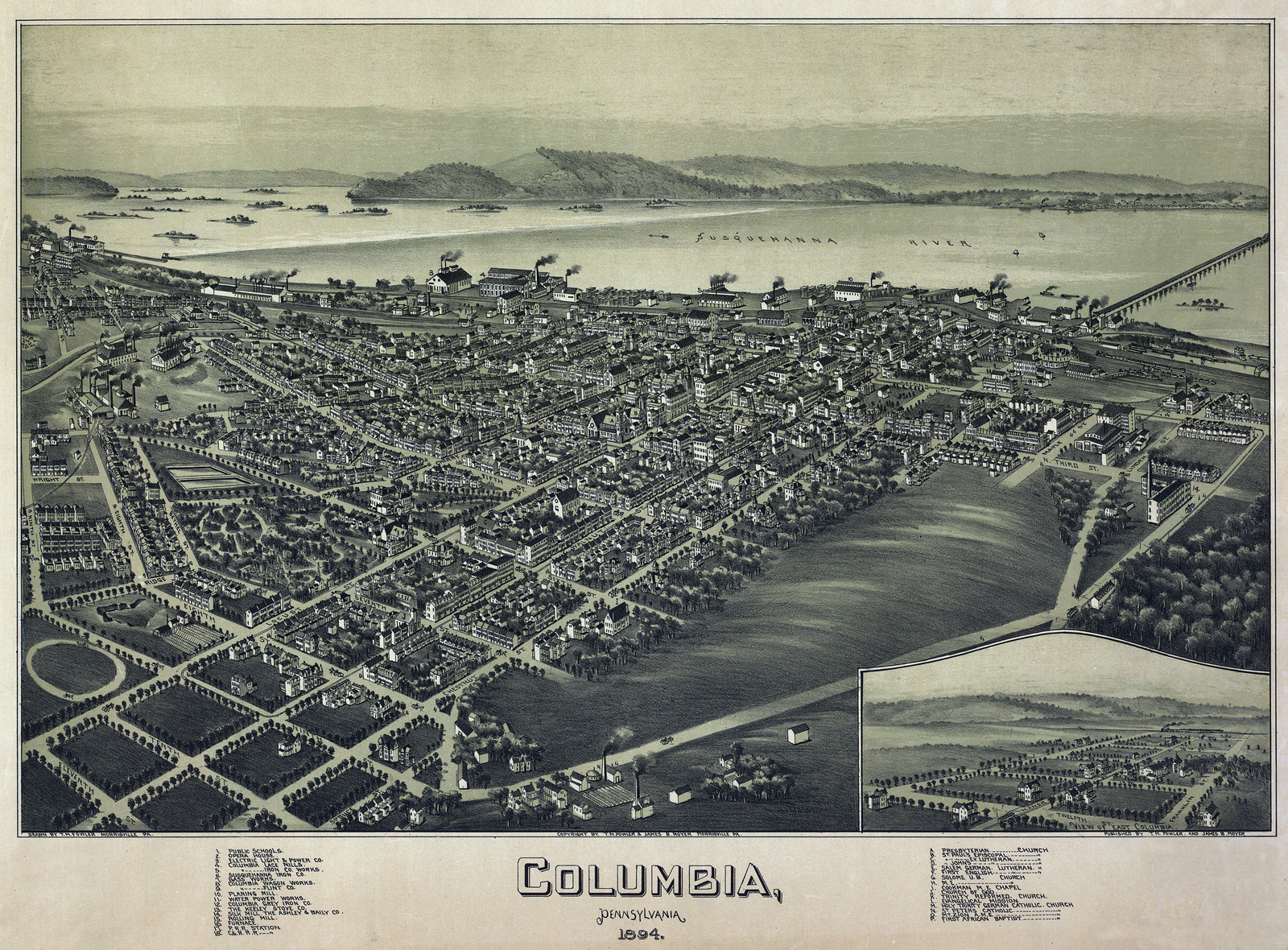 Columbia, Pennsylvania, 1894 bird's-eye view map, 1894 — antique map