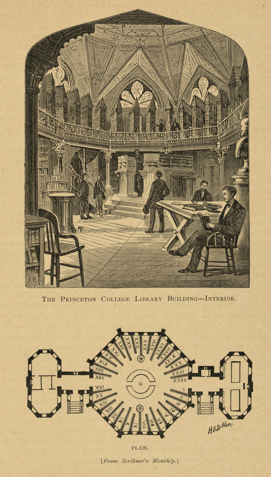 The Princeton College Library Building, Interior and Plan — historic image