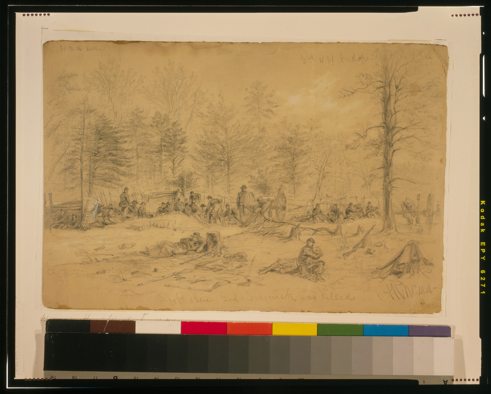 Spot where Genl. Sedgwick was killed, [1864 ca. May 9] — historic drawing