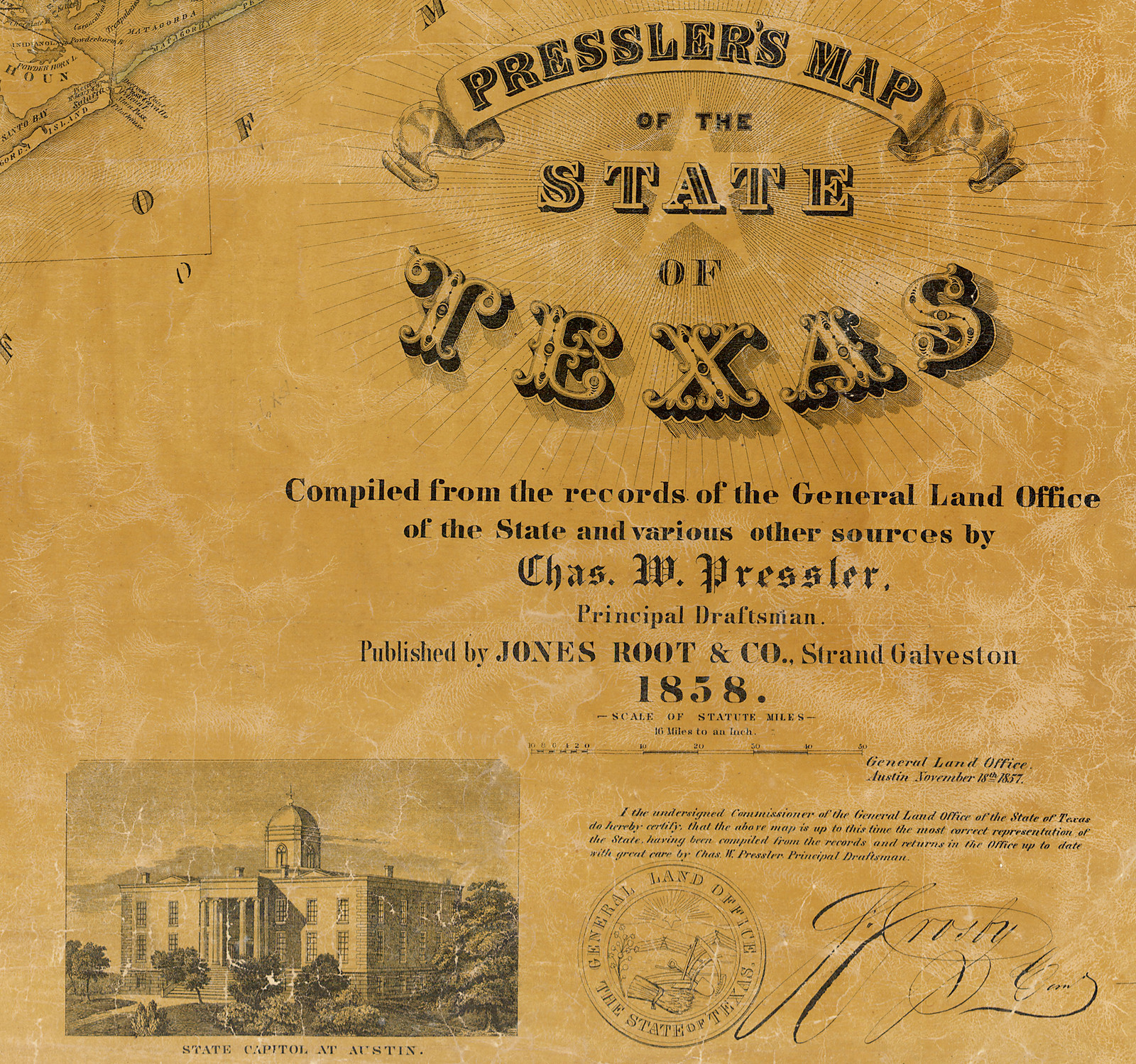 Presslers 1857 State Capitol, Texas — antique map