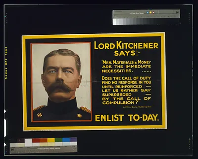 Lord Kitchener says: Enlist to-day / photo Bassano ; printed by David Allen & Sons Ld., Harrow, Middlesex.