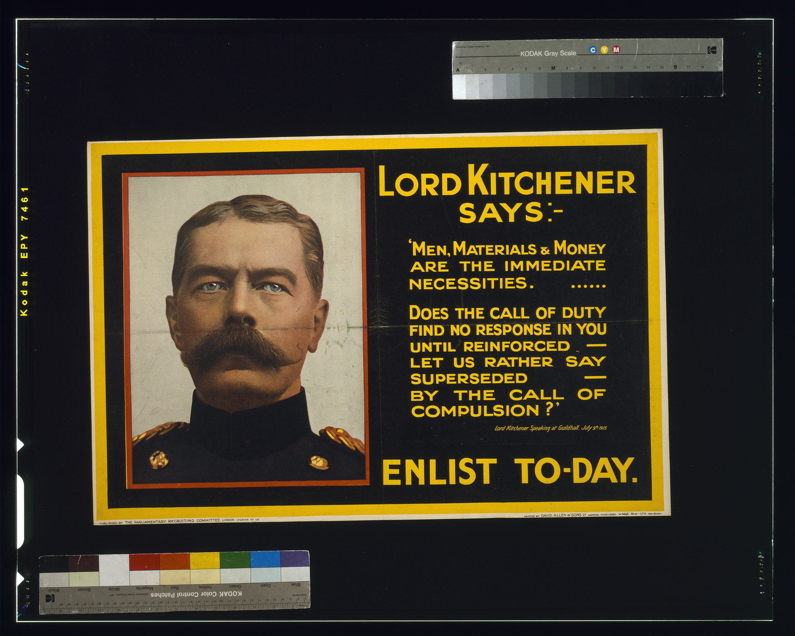 Lord Kitchener says: Enlist to-day / photo Bassano ; printed by David Allen & Sons Ld., Harrow, Middlesex., London : Parliamentary Recruiting Committee, [1915] — vintage poster