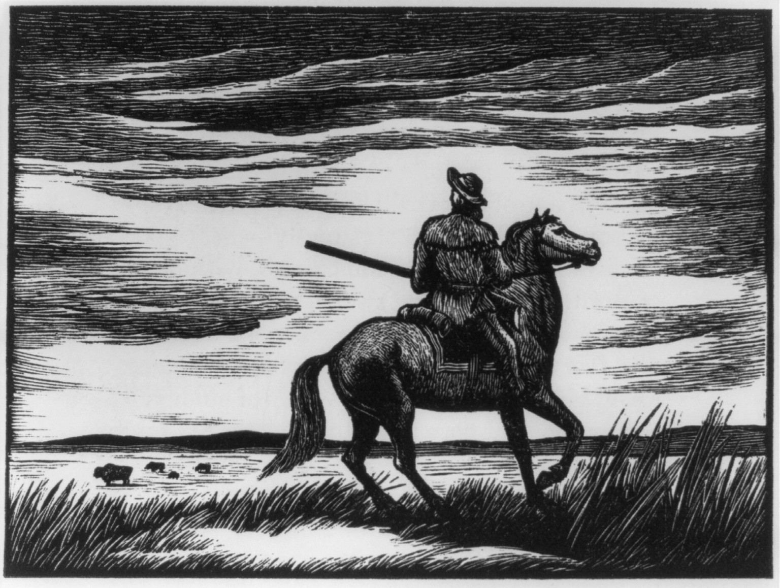 [Man in buckskin with gun on horseback looking at herd of buffalo], [no date recorded on caption card] — historic print