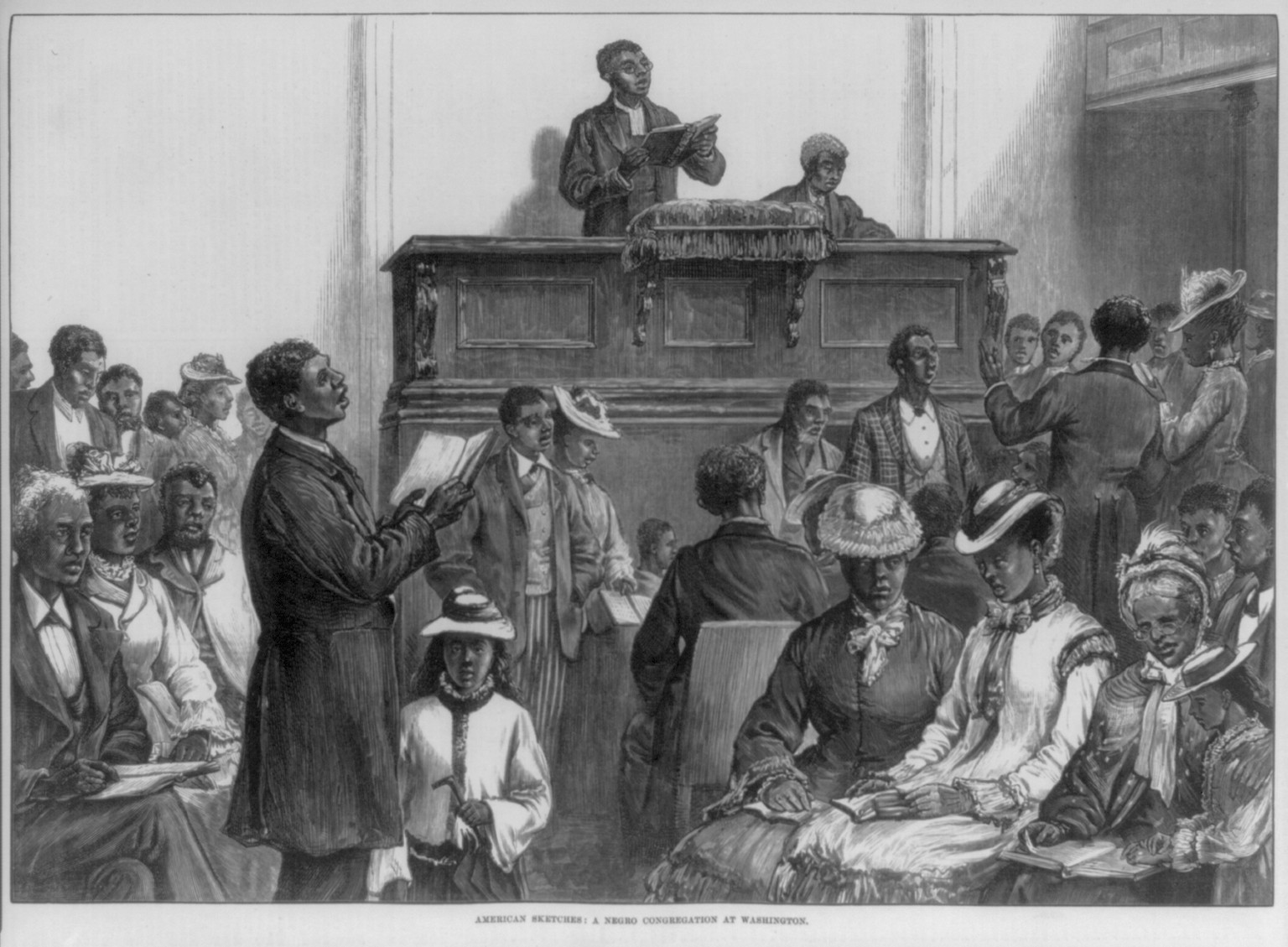 American sketches: A Negro congregation at Washington, 1876 — antique engraving