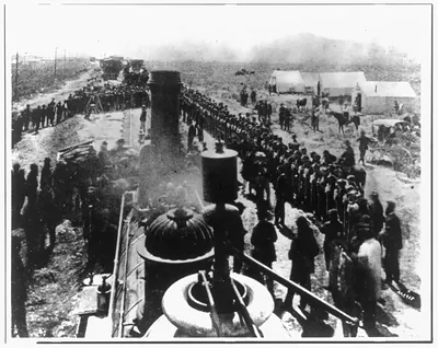 Ceremony at wedding of the rails May 10, 1869 at Promontory Point, Utah