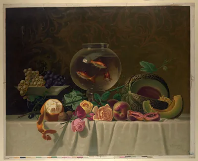 Still life with goldfish bowl, melon, peaches and roses