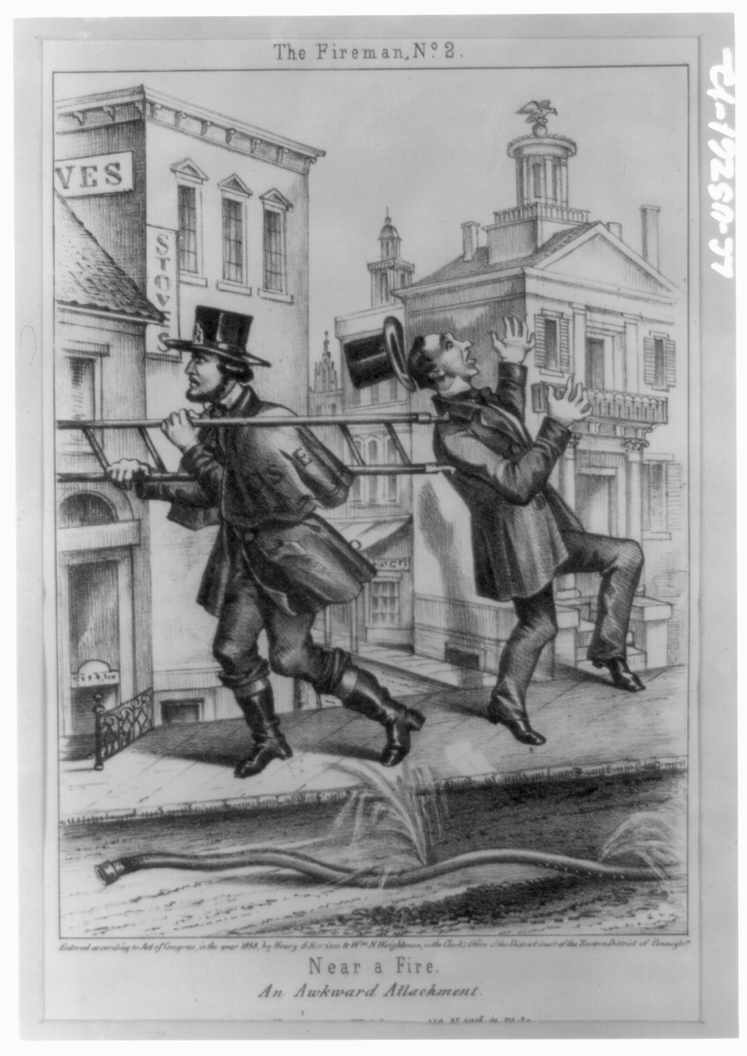 The Fireman No. 2. Near as fire, c1838 March 3. — historic print