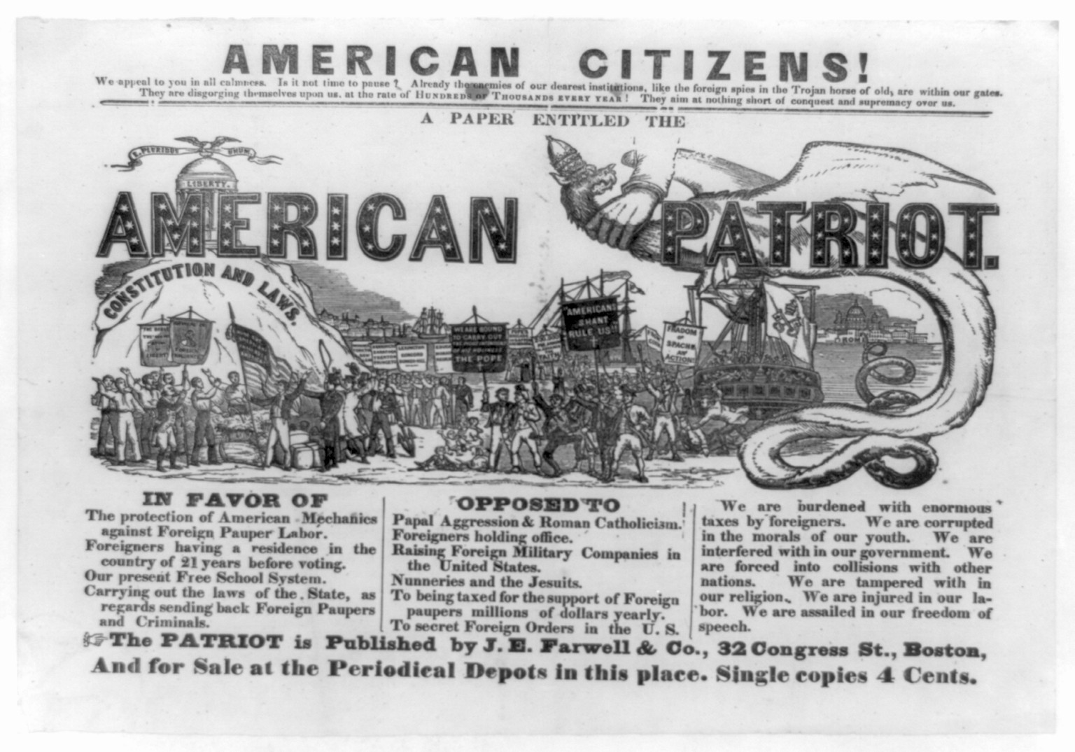 American citizens! We appeal to you in all calmness. Is it not time to pause? . . . A paper entitled the American patriot, Boston : Published by J.E. Farwell & Co., 1852. — antique engraving
