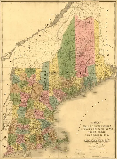 Map of Maine, New Hampshire, Vermont, Massachusetts, Rhode Island, and Connecticut