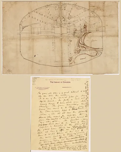 Manuscript plan of Capitol grounds with handwritten letter