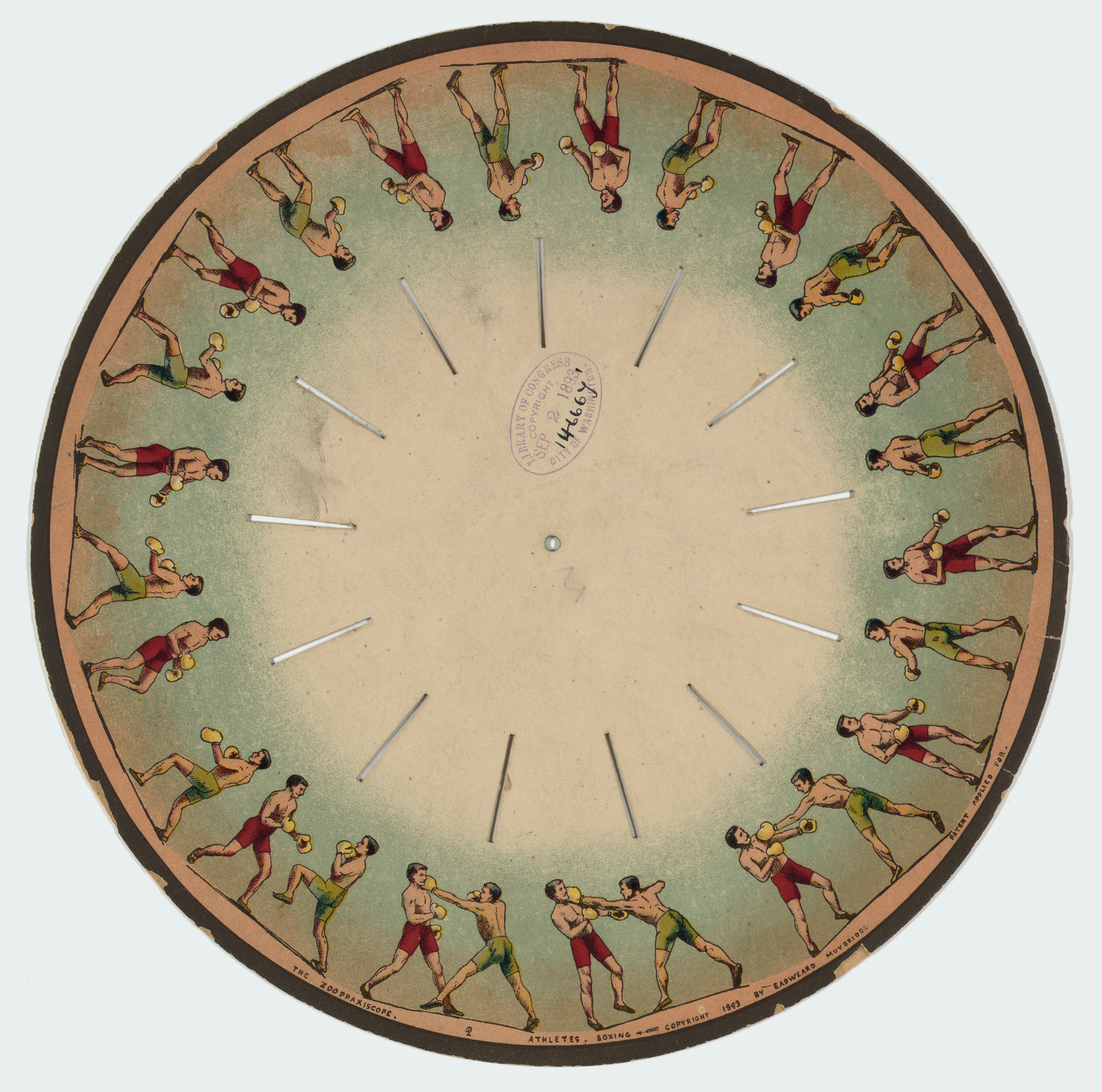 The zoopraxiscope--Athletes--Boxing, c1893. — antique lithograph