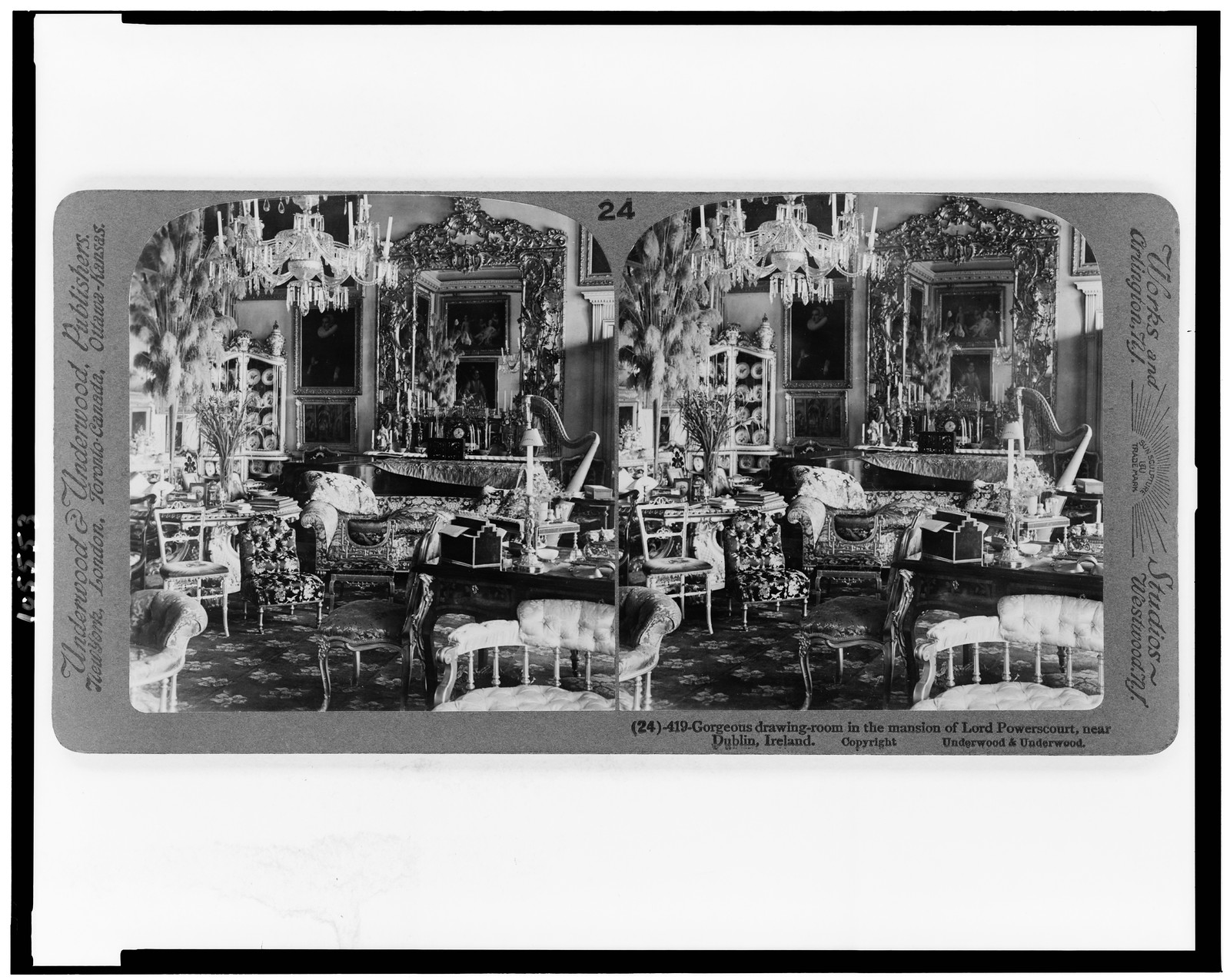 Gorgeous drawing-room in the mansion of Lord Powerscourt near Dublin Ireland, 1905 — historic photograph