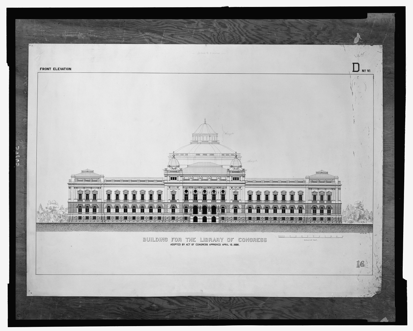 [Library of Congress, Washington, D.C. Exterior elevation, D series], and Engineering (ADE) Drawings" (http://www.loc.gov/rr/print/res/103_ade.html)." — historic drawing