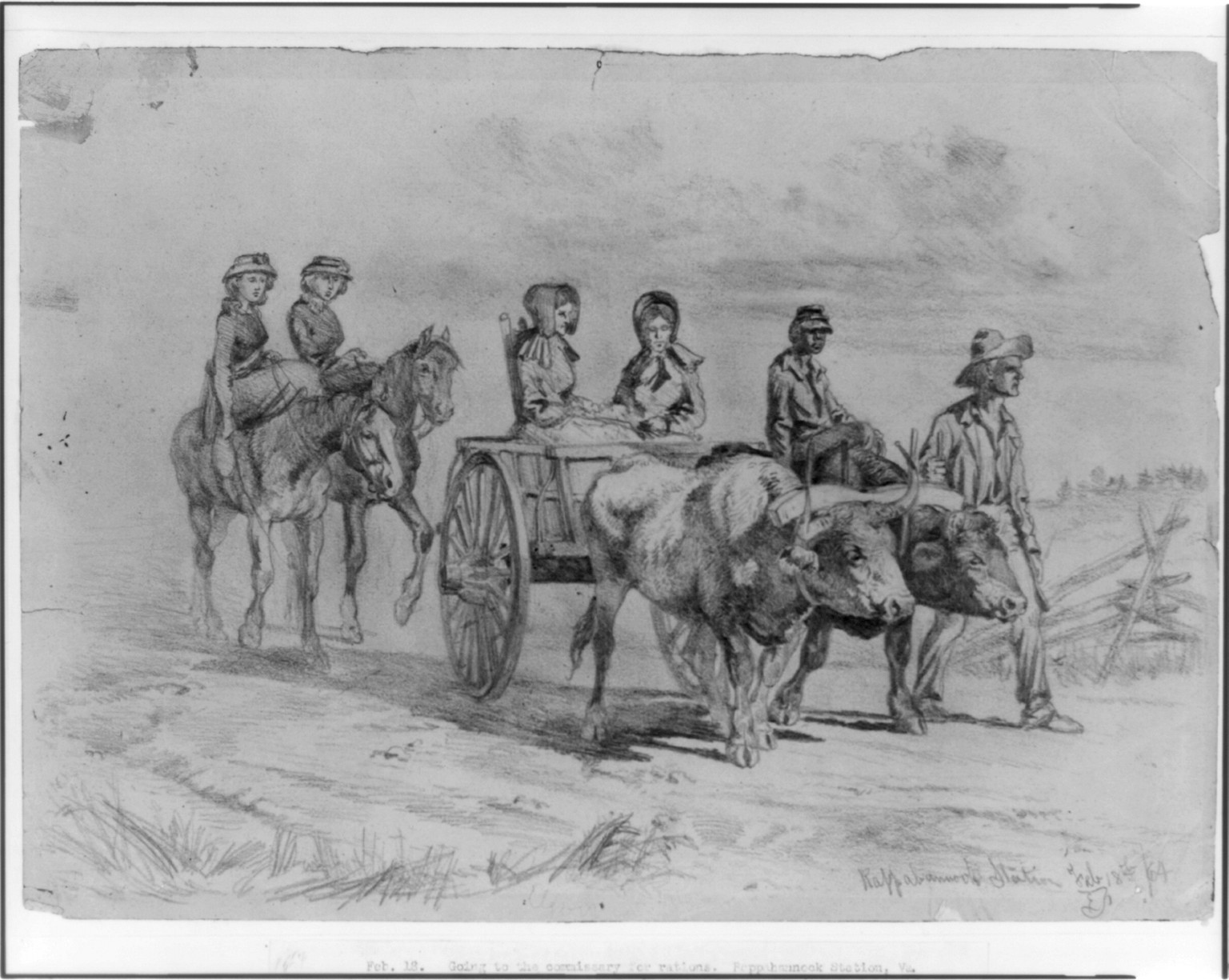 Virginians going to the commissary for rations, 1864 Feb. 18. — historic drawing