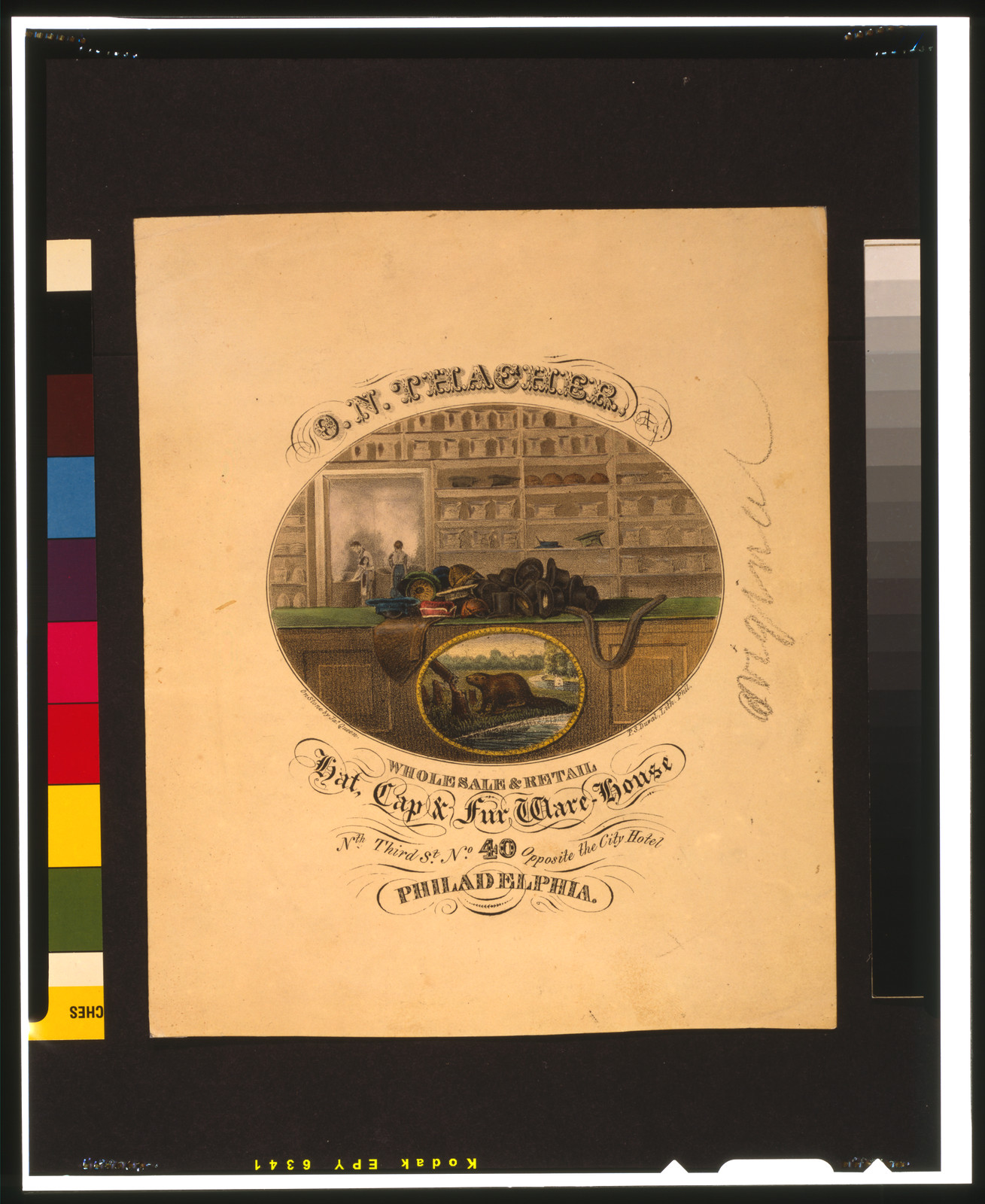 O.N. Thacher, Hat, Cap & Fur Ware-House Wholesale & retail / on stone by Jas. Queen. ; P.S. Duval, Lith. Phil., Philadelphia : P.S. Duval, Lith., ca. 1840. — antique lithograph