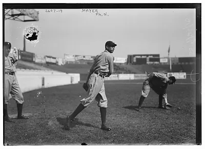 Eppa Rixey, Philadelphia NL, at left, Erskine Mayer, Philadelphia NL, at center, and unknown player at right at the Polo Grounds, New York