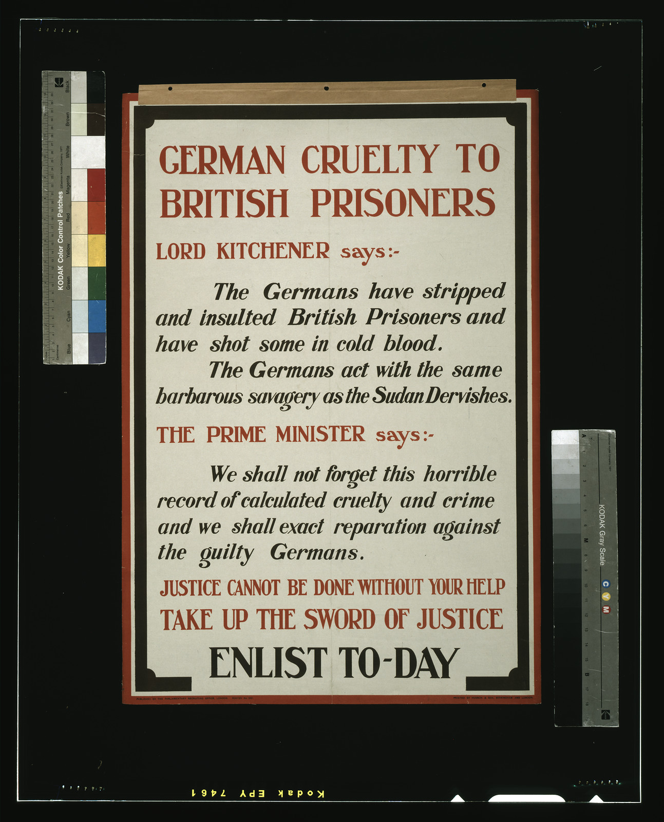 German cruelty to British prisoners. Justice cannot be done without your help. Take up the sword of justice. Enlist to-day / printed by Hudson & Son, Birmingham and London., London : Parliamentary Recruiting Office, [1915] — vintage poster