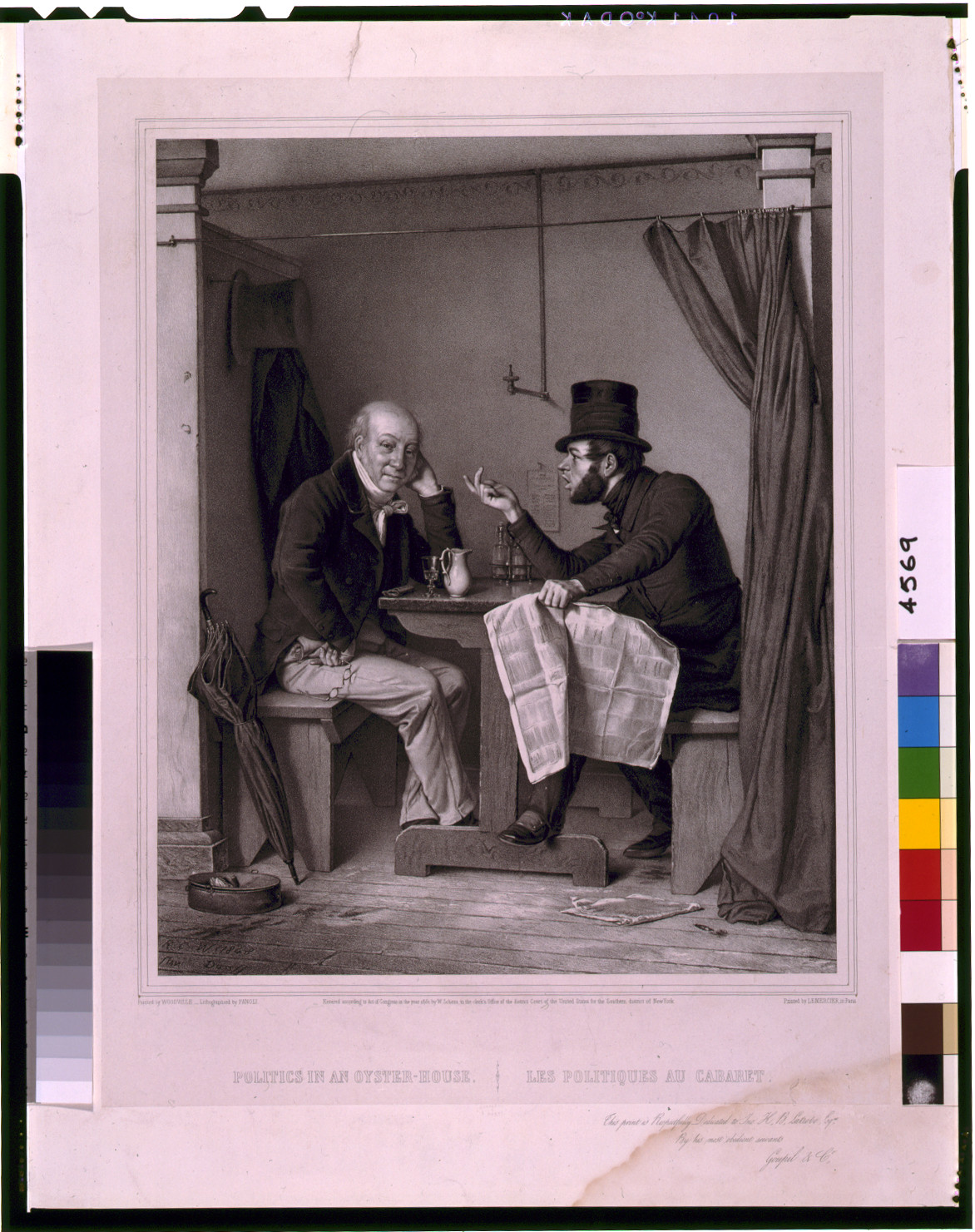 Politics in an oyster-house / painted by Woodville ;lithographed by Fanoli ; printed by Lemercier, in Paris., Paris : Goupil & Cie, ca. 1851. — antique lithograph