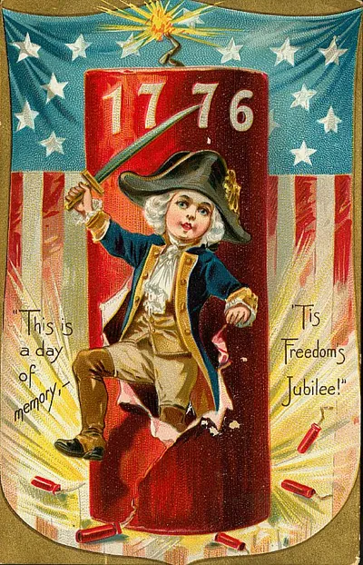 Child in Revolutionary costume atop 1776 firecracker, Fourth of July