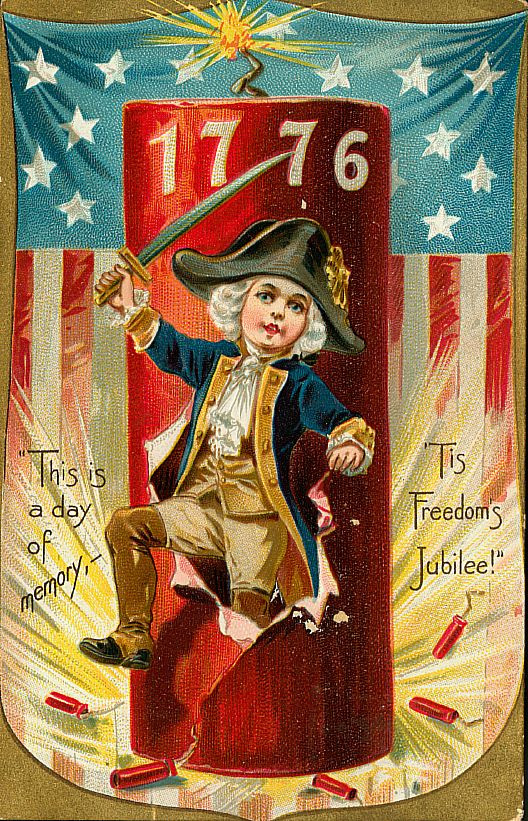 Child in Revolutionary costume atop 1776 firecracker, Fourth of July — historic image