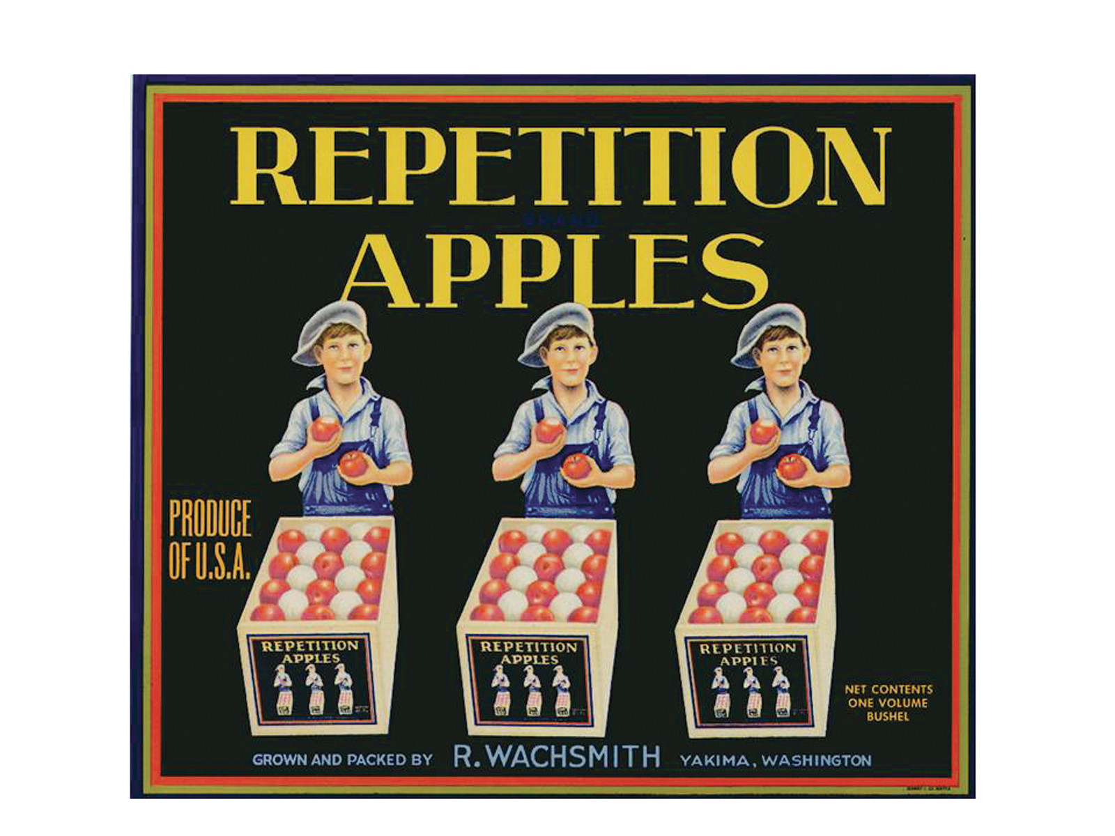 Repetition Apples crate label with three boys — historic image