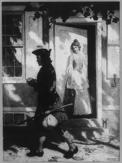 [Benjamin Franklin, 1706-1790, full length, as a youth, walking with stick and sack in one hand, in front of a doorway in which is standing young woman, Deborah Reade]