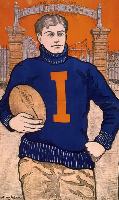 [Football player with letter I on sweater holding football in front of Illinois Field] / Bristow Adams.