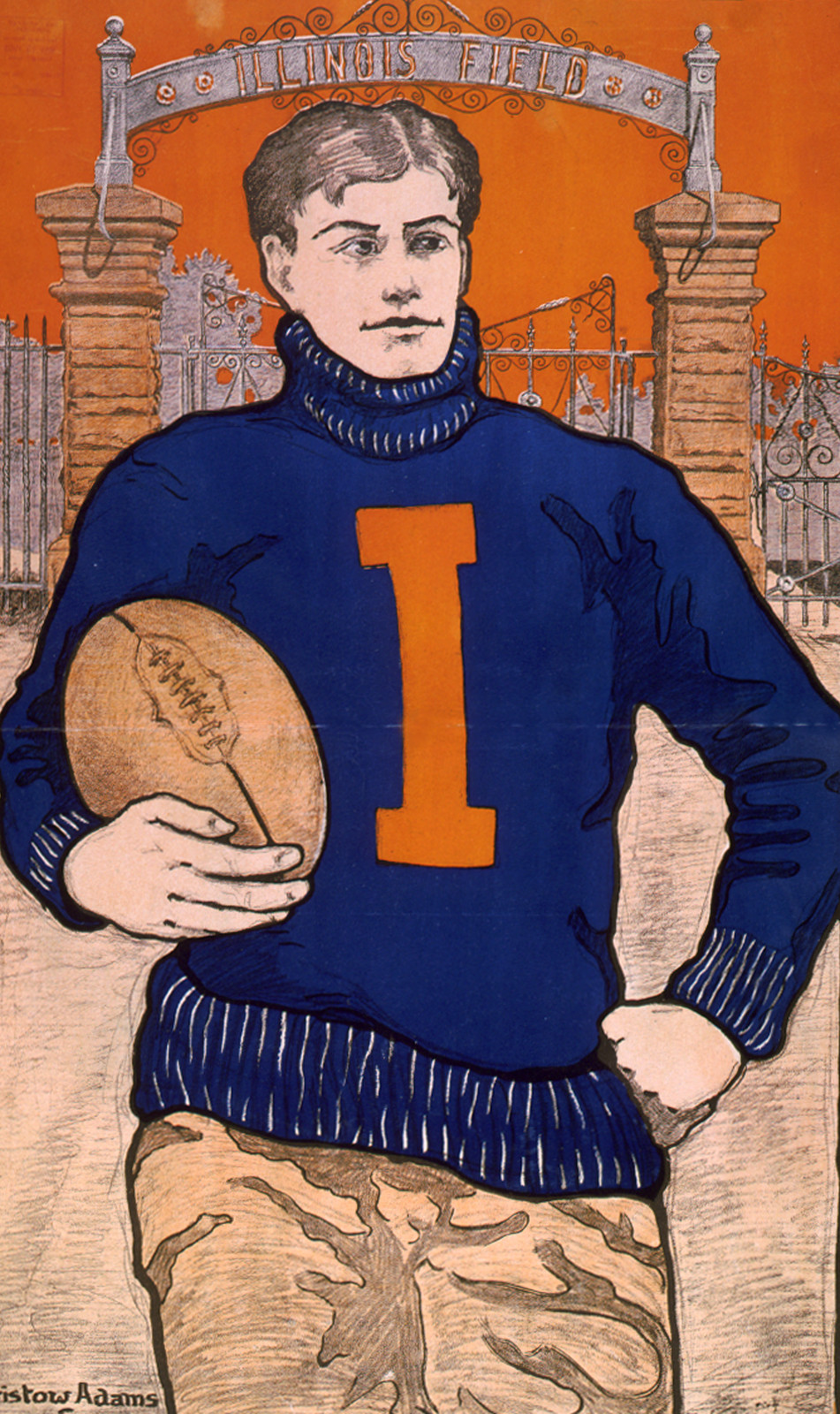 [Football player with letter I on sweater holding football in front of Illinois Field] / Bristow Adams., 1902 — vintage poster