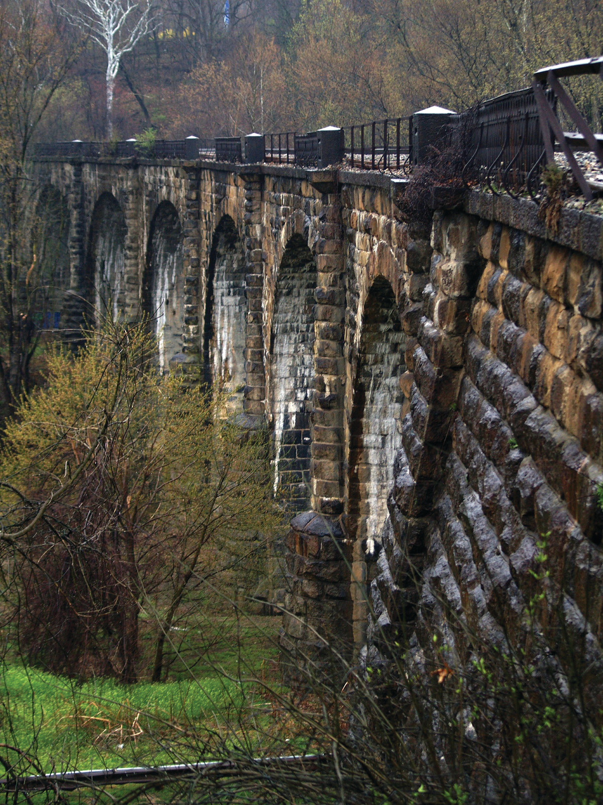 Stone arch railway viaduct with iron railings through trees — historic image