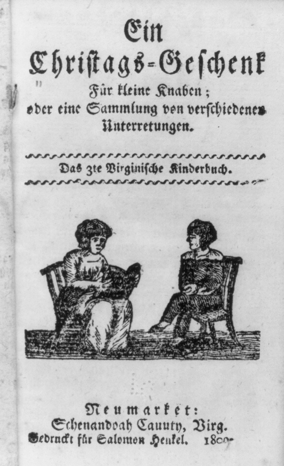 Title Page of a Christmas Book for Little Boys, A Collection of Conversations; the 3rd Virginia Children's Book; illus. With Boy and Woman Seated and Evidently Conversing — historic image