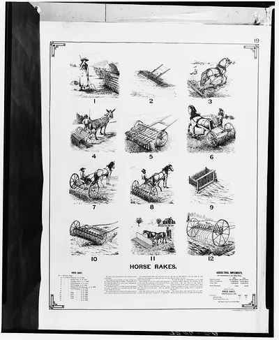 Horse Rakes: twelve numbered illustrations of farm implements