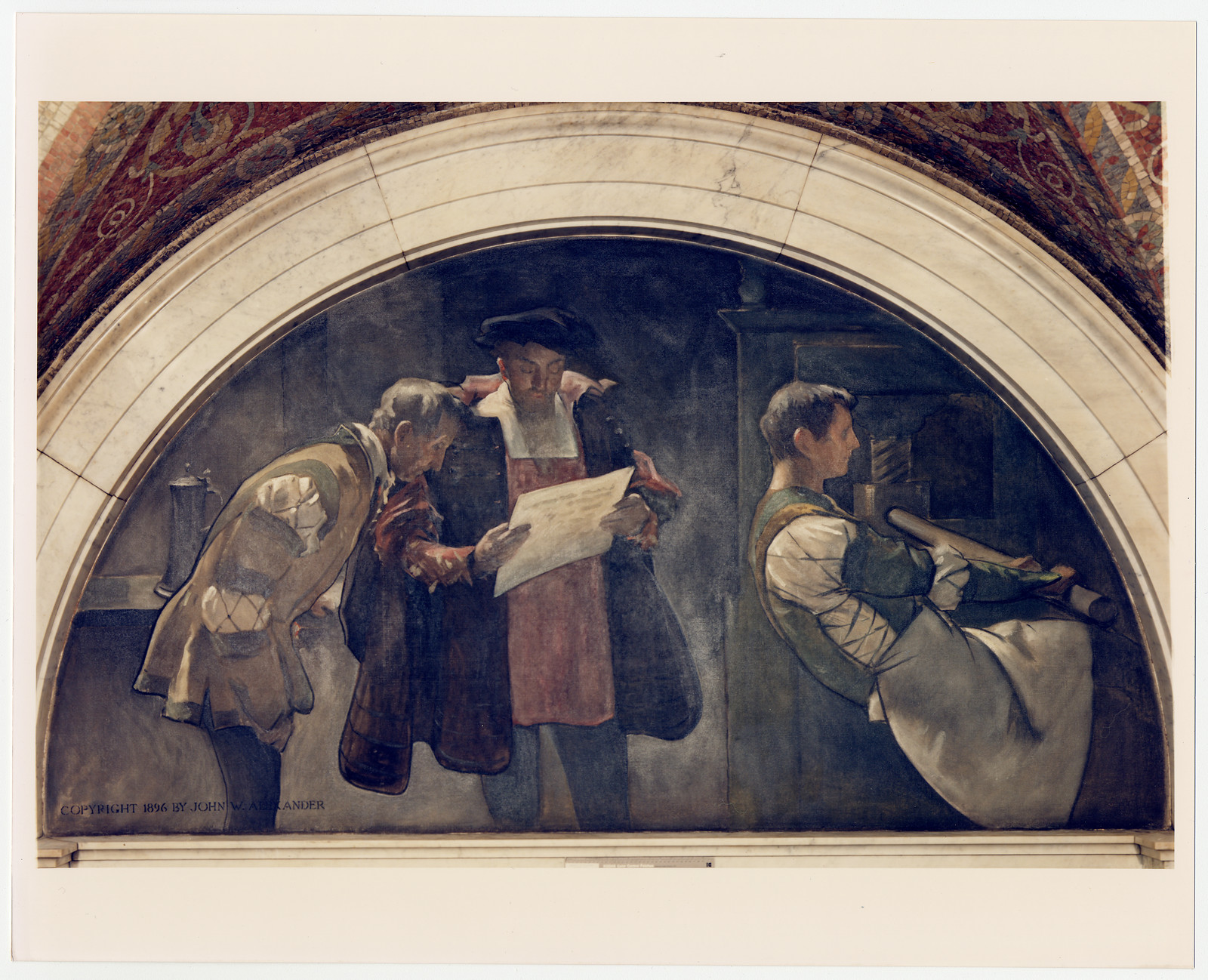 Lunette mural of figures reading a document beside a scroll — historic image