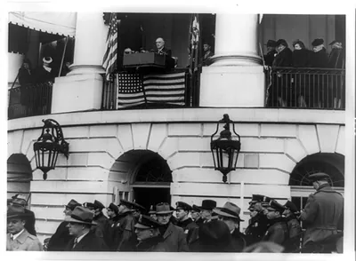 [Franklin D. Roosevelt making speech from balcony on his fourth term inauguration]