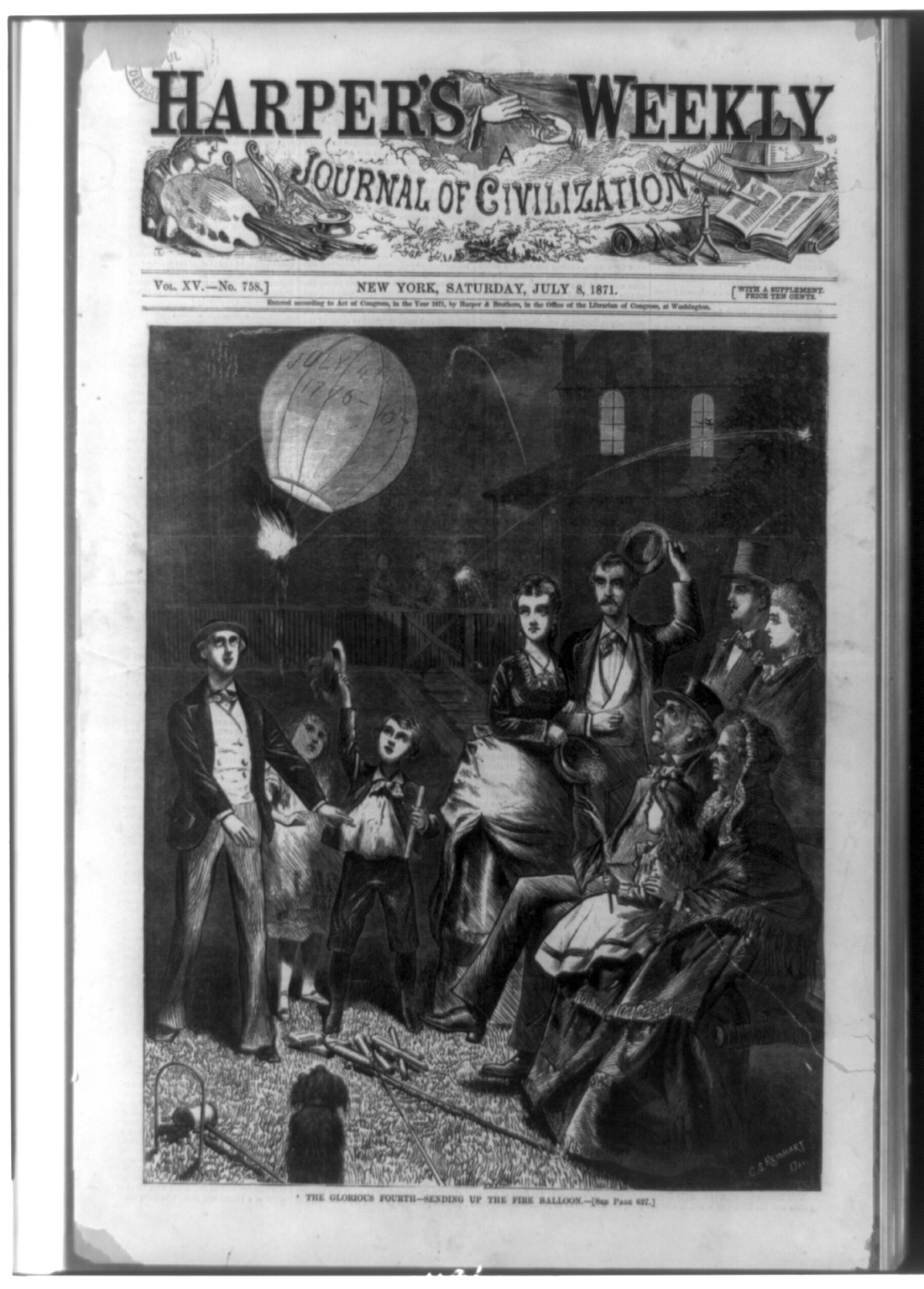 The Glorious Fourth--sending up the fire balloon / C.S. Reinhart, del., 1871 — antique engraving