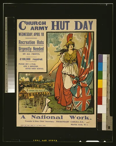 Church army hut day, Wednesday, April 18. Recreation huts urgently needed on all fronts. f100,000 required. Please buy a flag. Give a donation. Offer your service. A national work / Ernest Hasseldine 1917 ; David Allen & Sons Ld. Harrow..