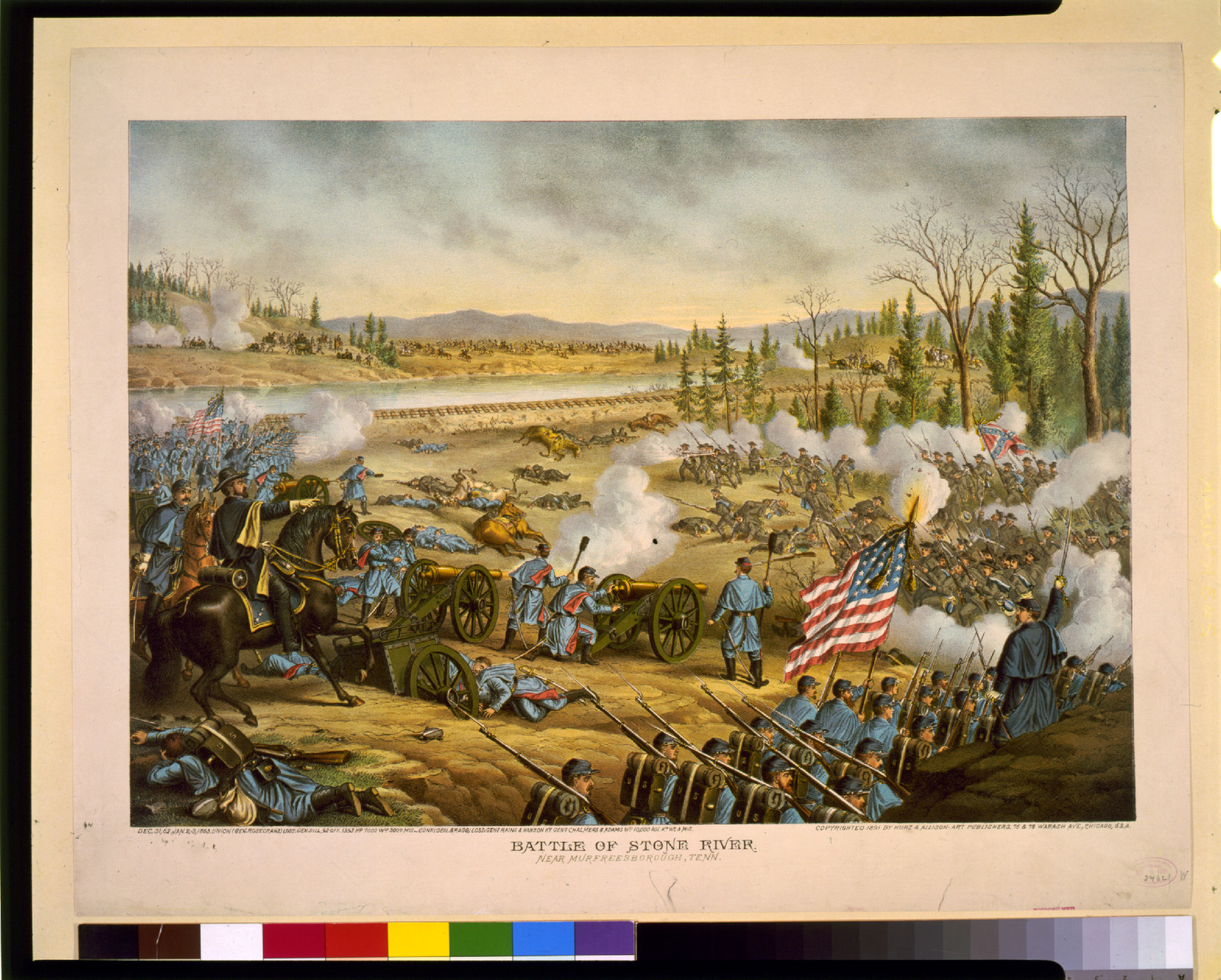 Battle of Stone River, Near Murfreesborough, Tenn.--Dec. 31, 62. Jan. 2-3, 1863--Union (Gen. Rosecrans) ... Conf. (Gen. Bragg) ..., c1891. — antique lithograph