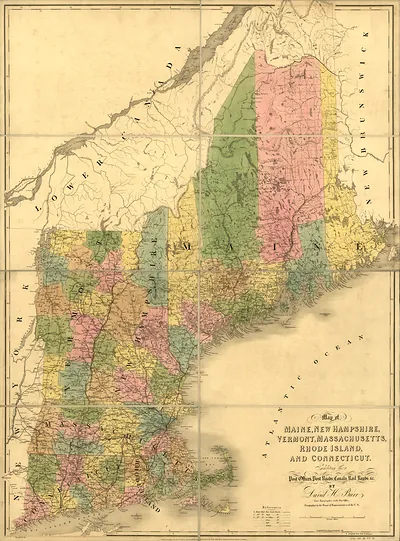 Map of Maine, New Hampshire, Vermont, Massachusetts, Rhode Island, and Connecticut