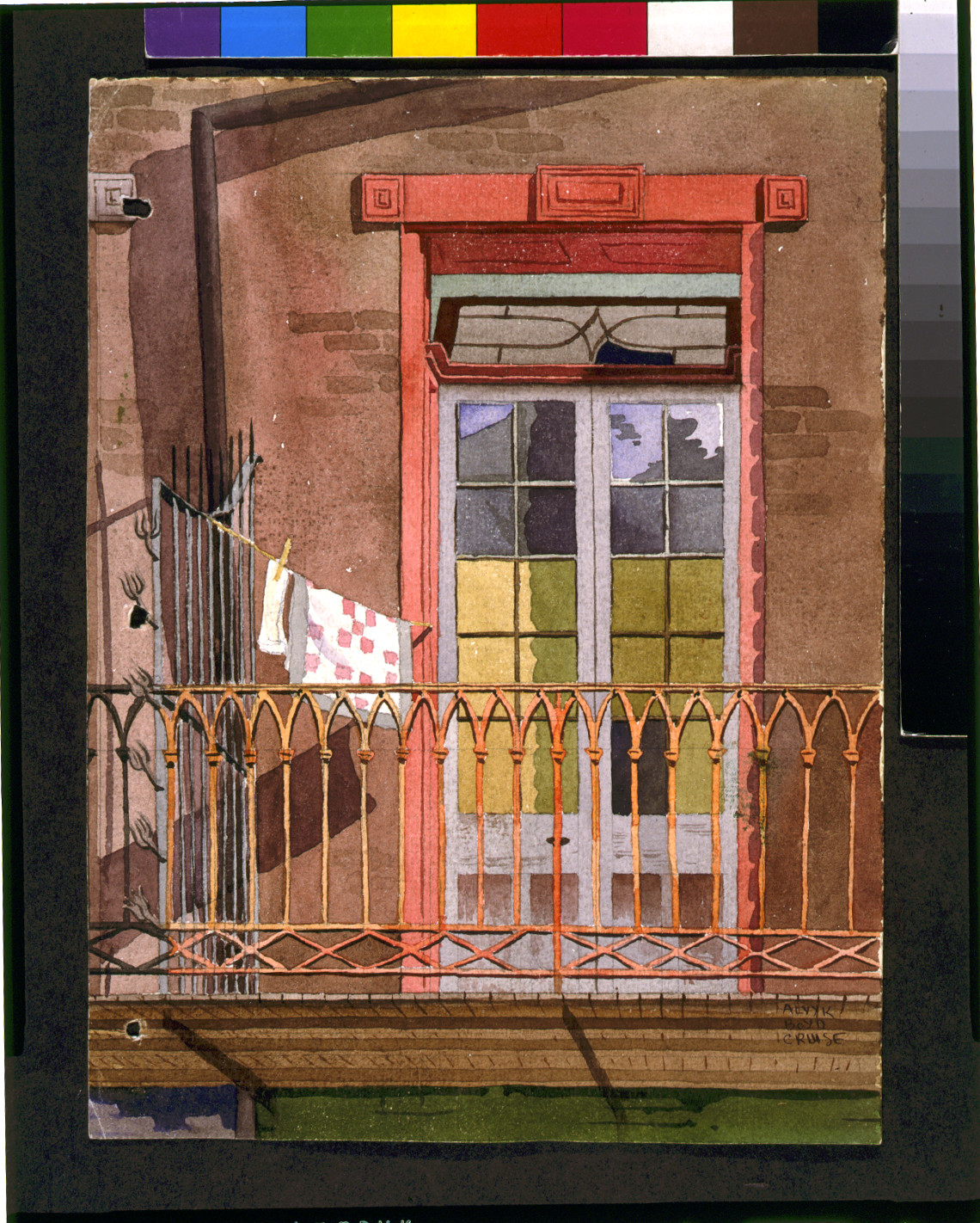 [Balcony with laundry, Galley House, New Orleans, Louisiana] / Alvyk Boyd Cruise., [between 1935 and 1939] — historic drawing