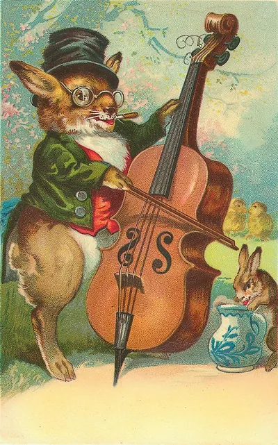 Anthropomorphic rabbit playing double bass with chicks