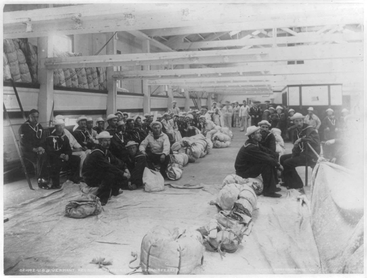 U.S.S. VERMONT recruits waiting to be transferred, [ca. 1895] — historic photograph