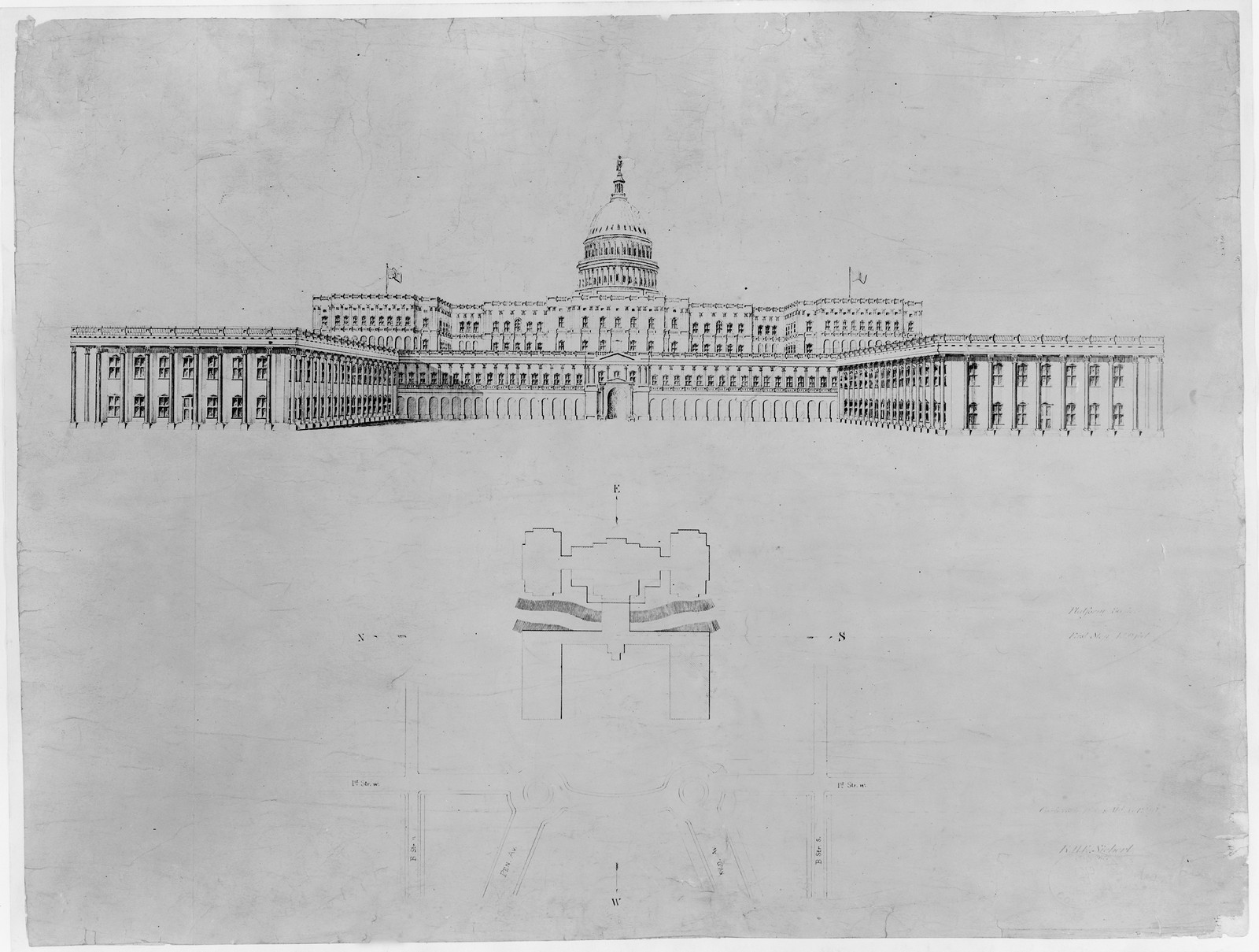 Architectural drawing for alterations to the U.S. Capitol, Washington, D.C. West elevation, and Engineering (ADE) Drawings" (http://www.loc.gov/rr/print/res/103_ade.html)." — historic photograph