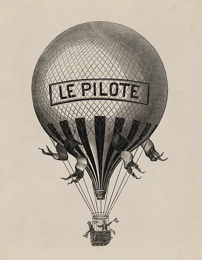 Engraved hot air balloon labelled Le Pilote