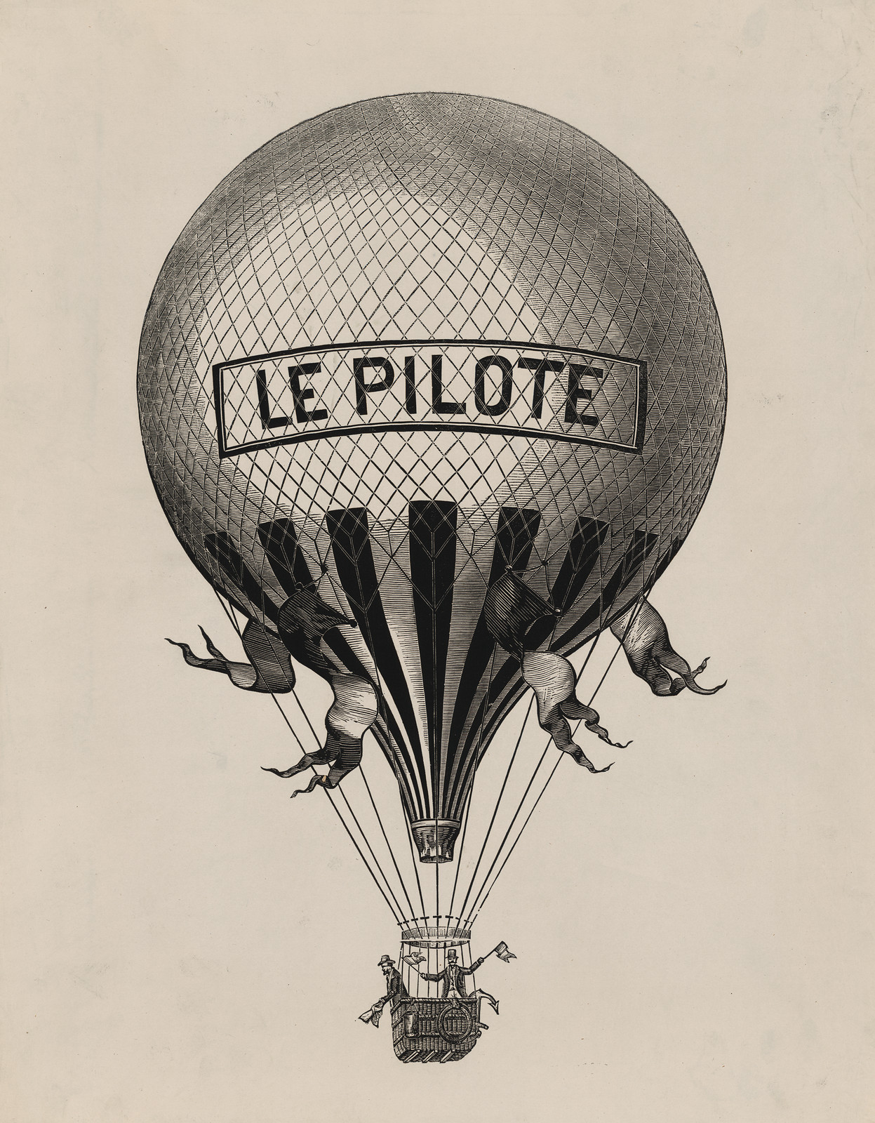 Engraved hot air balloon labelled Le Pilote — historic image