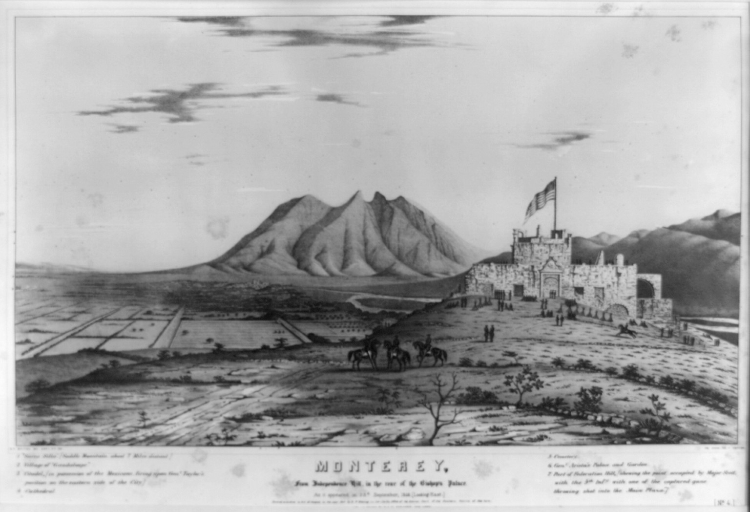 Monterey (sic), from Independence Hill, in the rear of the Bishop's Palace / D.P. Whiting del., Capt. 7th Inf. ; on stone by F. Swinton ; lith. & printed in colors by G. & W. Endicott, New York., New York : G&W. Endicott, c1847. — antique lithograph